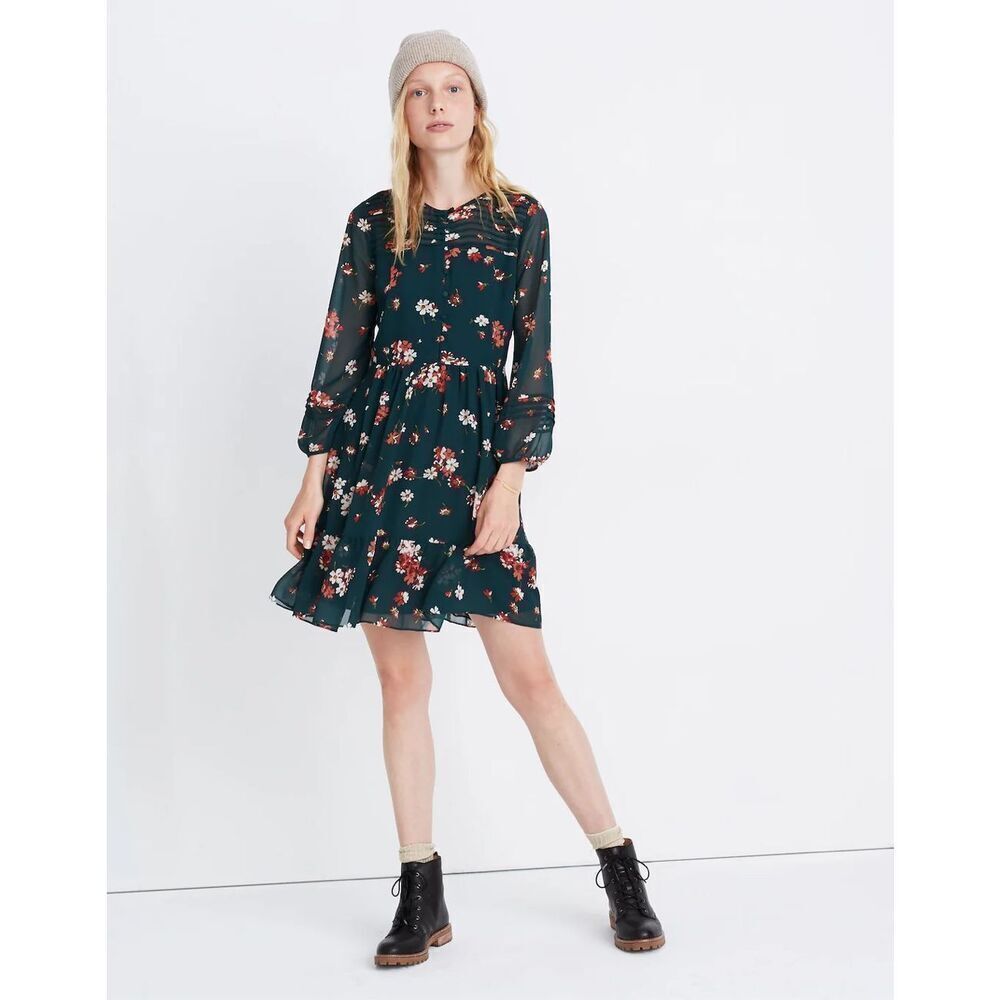 Madewell Sheer-Sleeve Pintuck Ruffle Dress in Spruce Blooms Dark Green Size 2